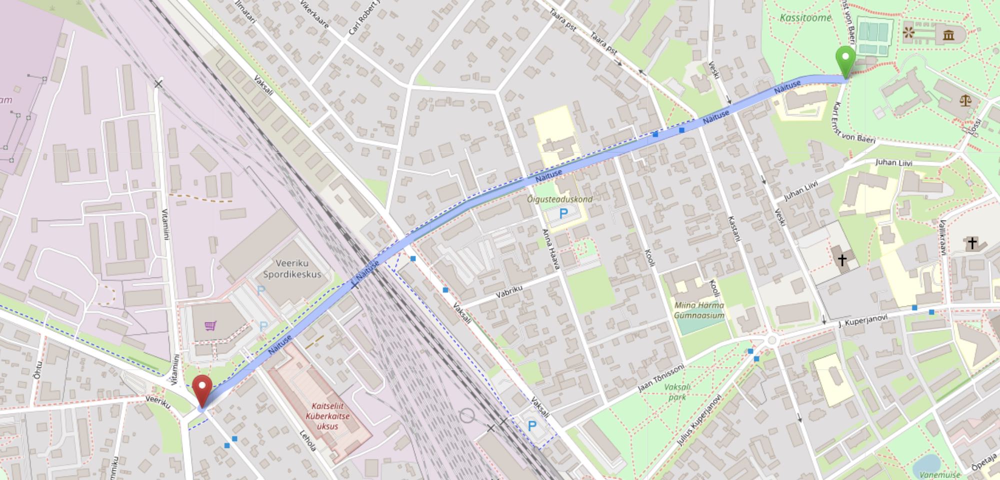 Fragment of a map of Tartu, Näituse street highlighted.